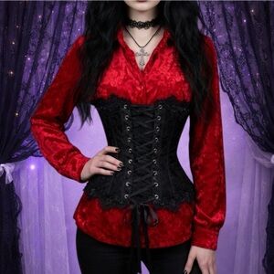 1990s Goth Blood Red Roses Satin Blouse